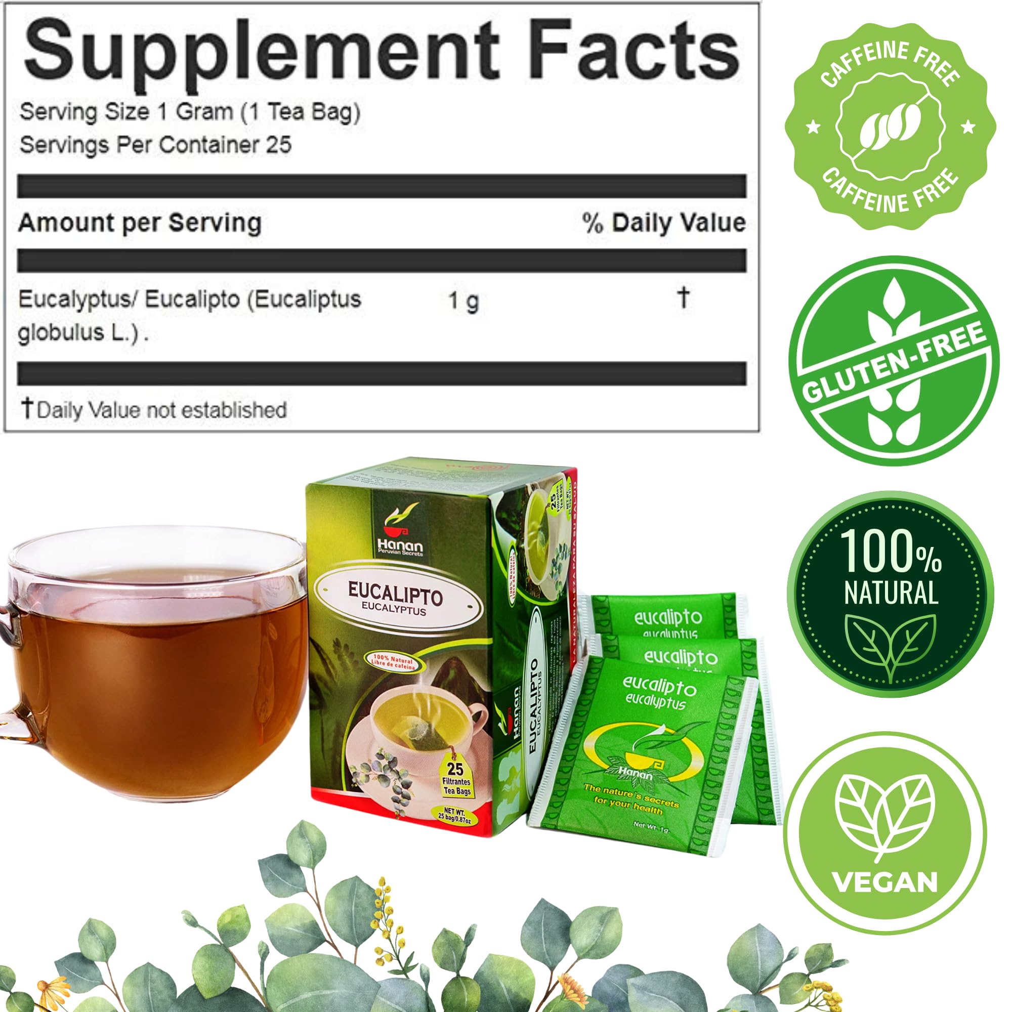 Peruvian Naturals Hanan eucalyptus tea loose leaf display for blends