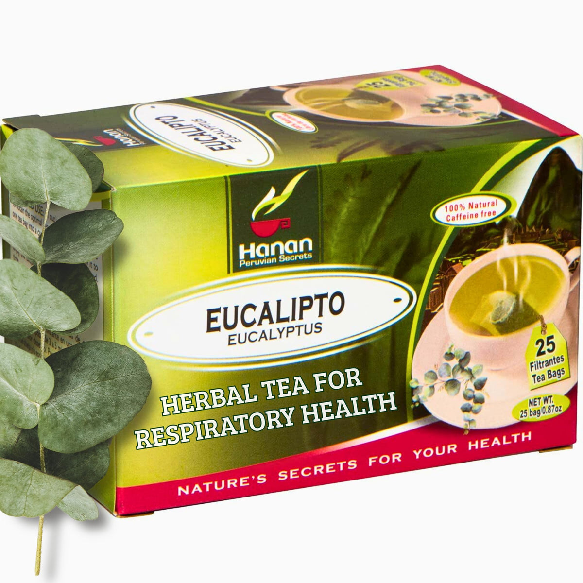 Peruvian Naturals Hanan eucalyptus tea pack shot, premium dried leaves for tea