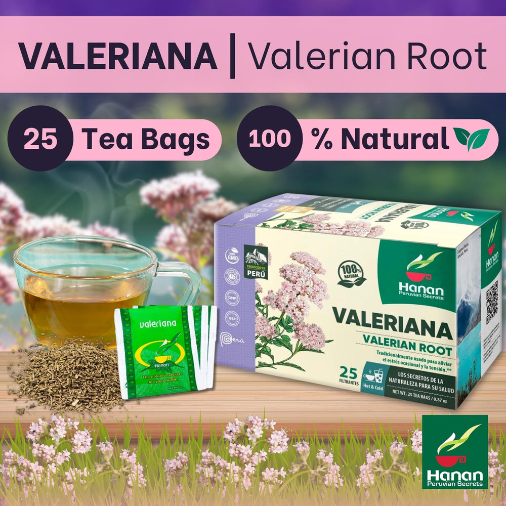 Peruvian Naturals Hanan Valerian Tea bags inside for a caffeine-free unwind.