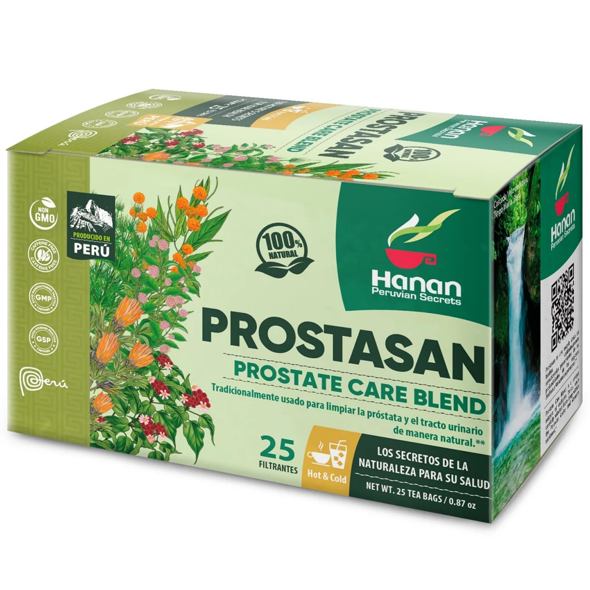 Peruvian Naturals Prostasan Tea box front showcases branding and packaging for daily prostate support.