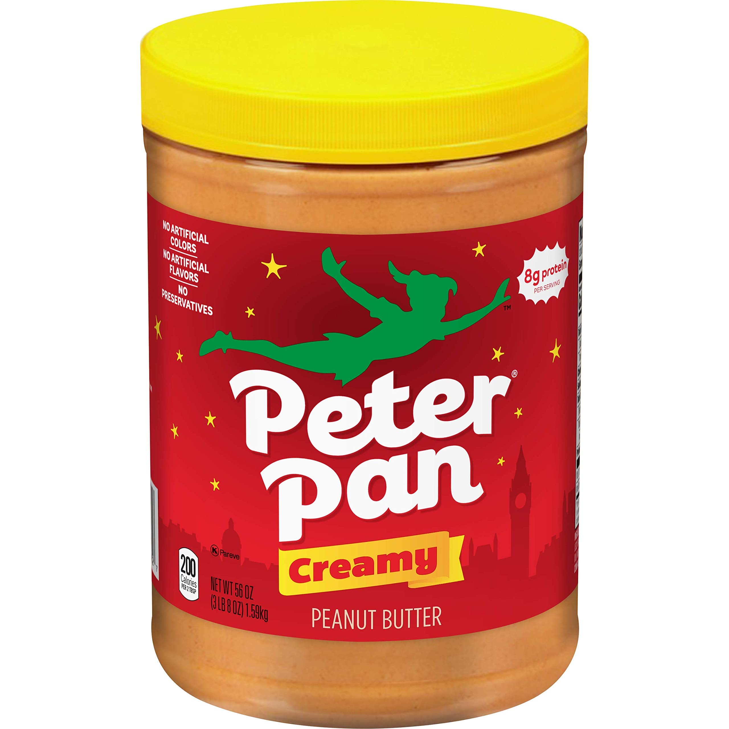 Peter Pan Creamy Peanut Butter jar showing smooth roasted peanut spread for easy use