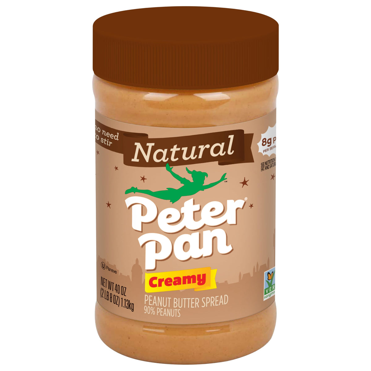 Peter Pan Natural Creamy Peanut Butter jar, rich and spreadable for sandwiches.