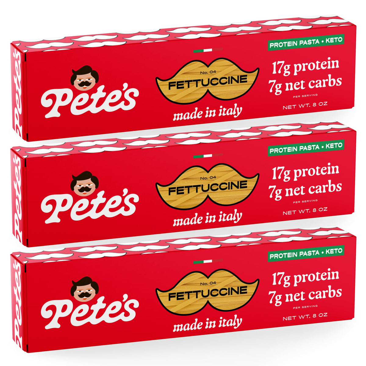 Pete's Pasta fettuccine 8oz pack on board for quick weeknight meals.