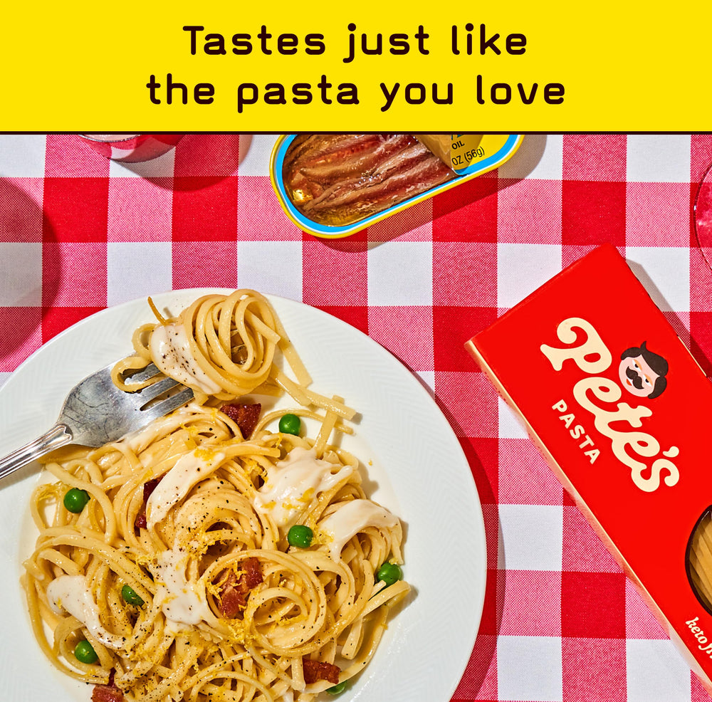 Uncooked Pete's Pasta linguine close-up with carb information label