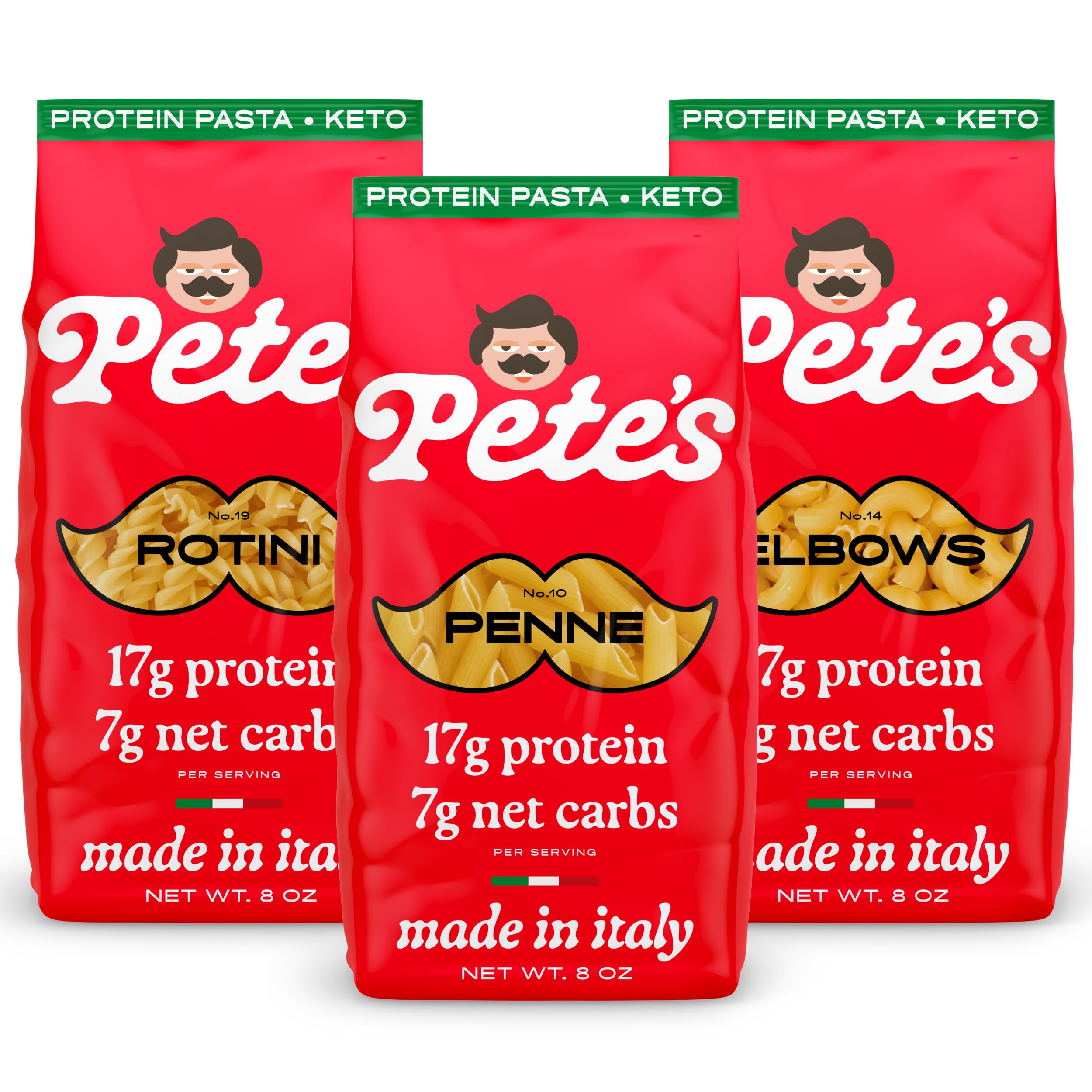 Pete's Pasta penne low-carb protein pasta in an 8oz pack for keto meals.