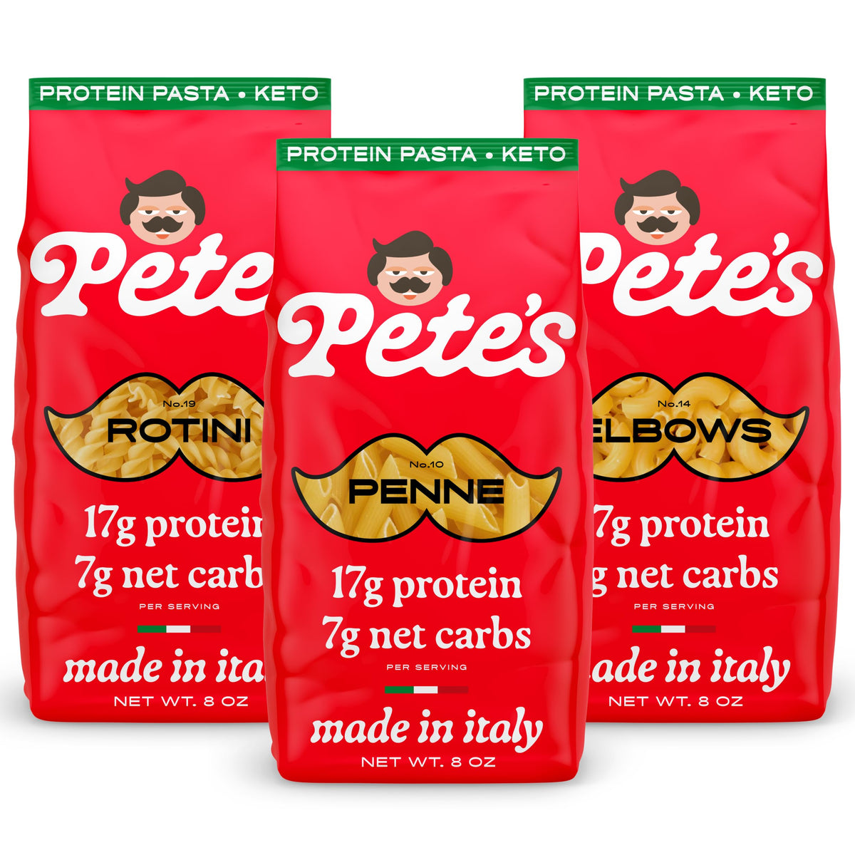 Pete's Pasta penne low-carb protein pasta in an 8oz pack for keto meals.