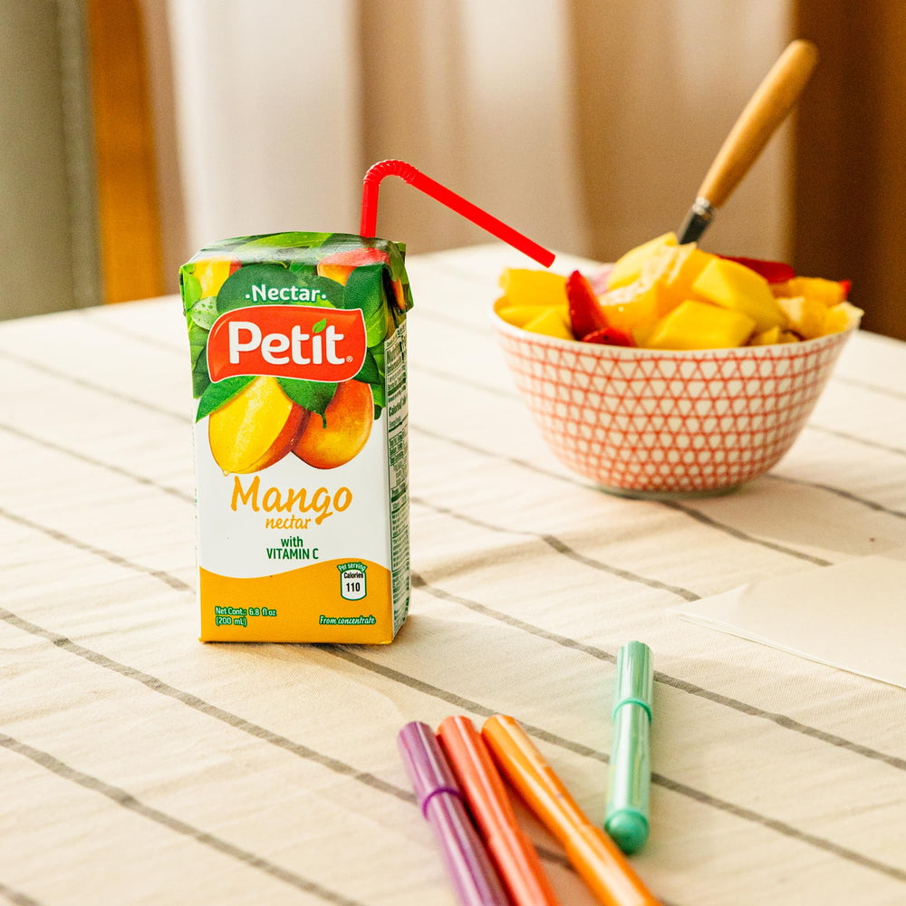 Petit Mango Nectar recyclable packaging emphasizing eco-friendly packs.