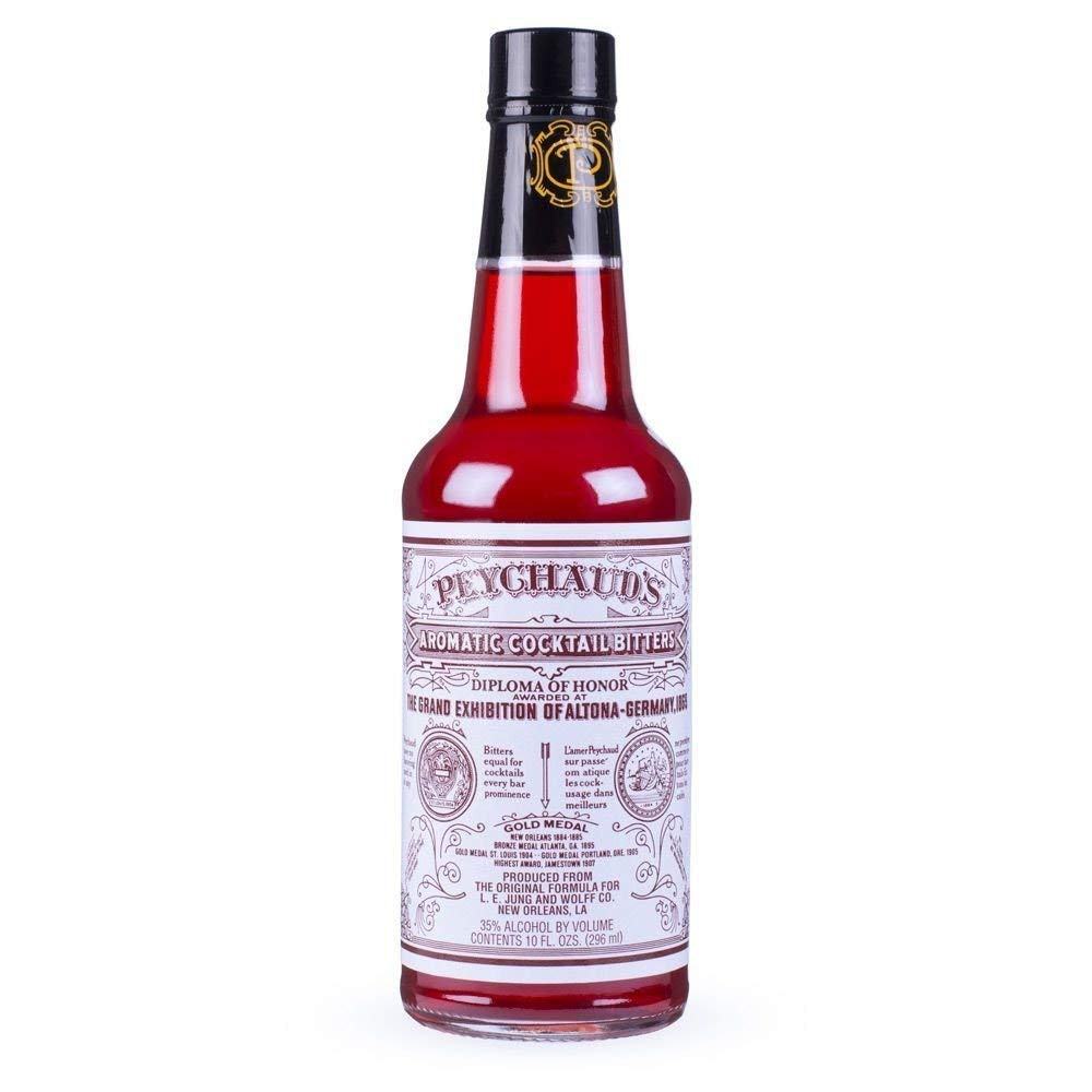 PEYCHAUD'S Aromatic Bitters bottle close-up for refined cocktails.