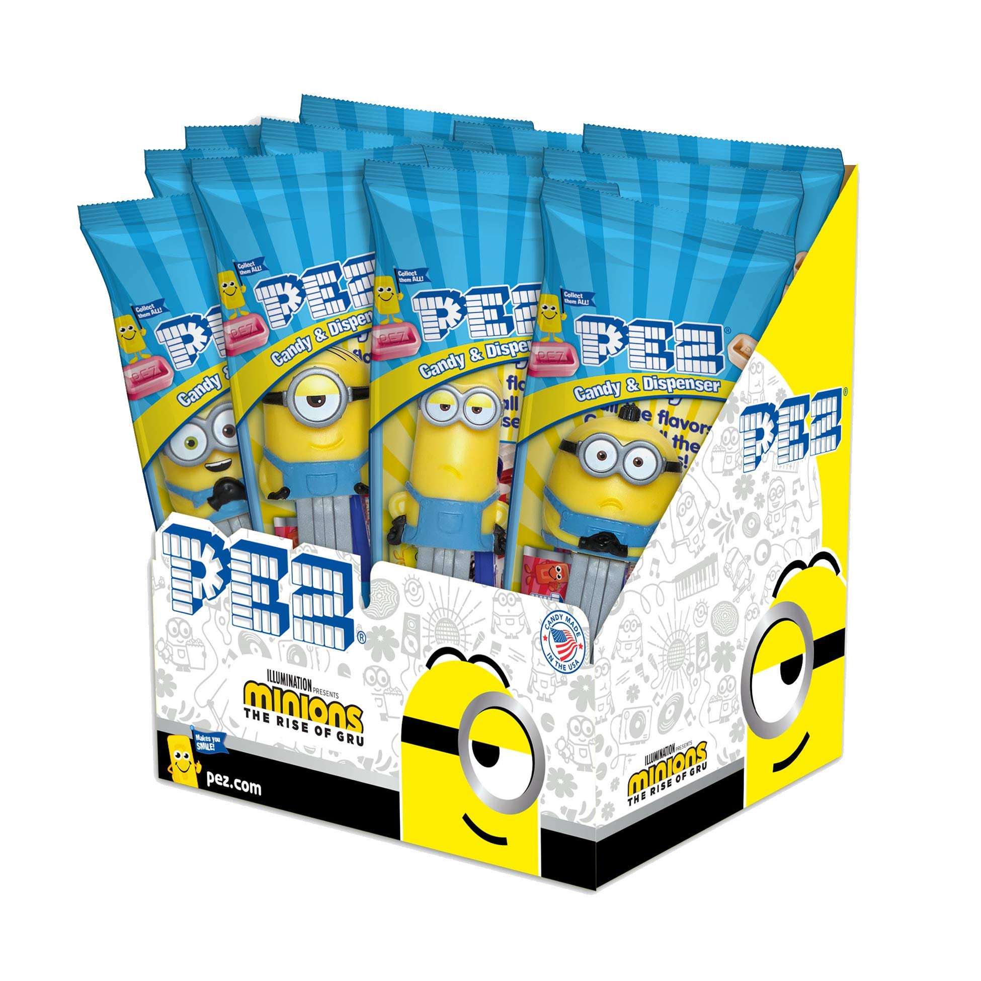 PEZ Minions dispensers with assorted candy refills, ideal for parties and gifting.
