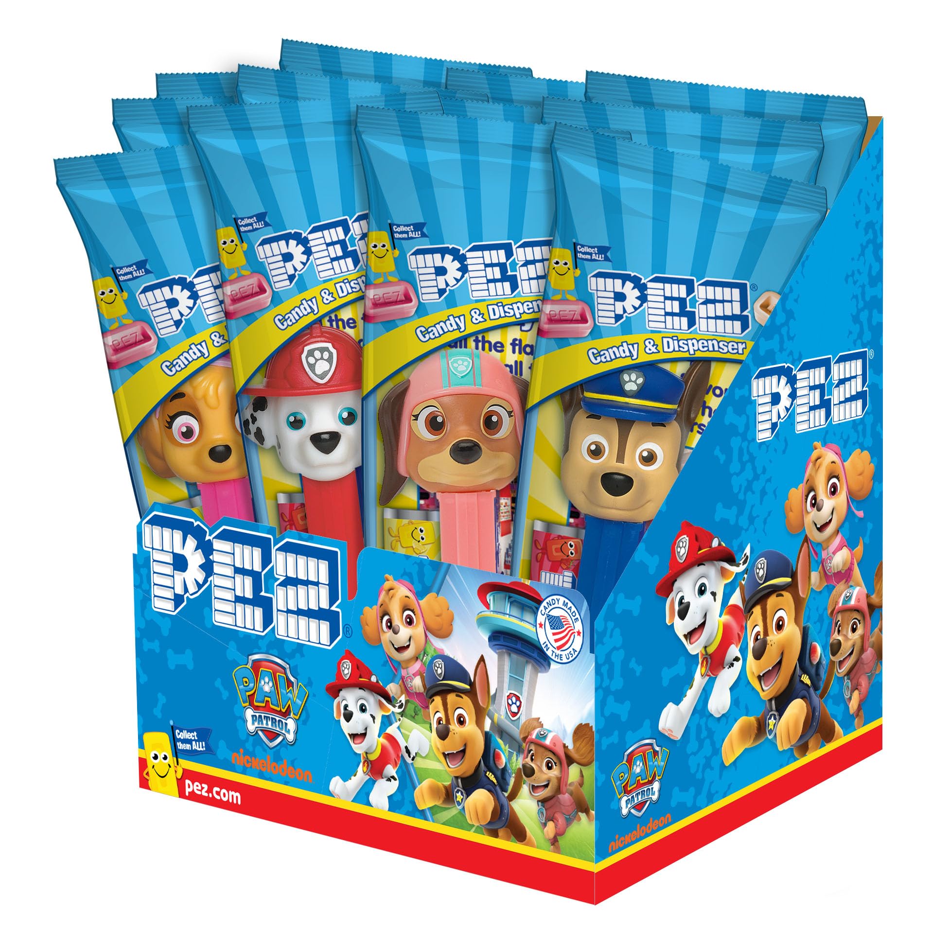 PEZ Paw Patrol dispensers pack featuring assorted characters for easy sharing.