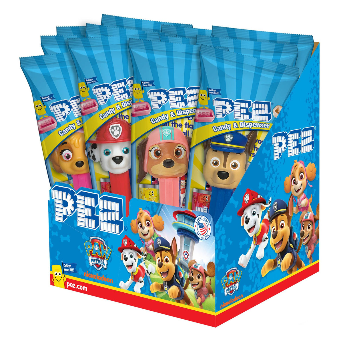 PEZ Paw Patrol dispensers pack featuring assorted characters for easy sharing.