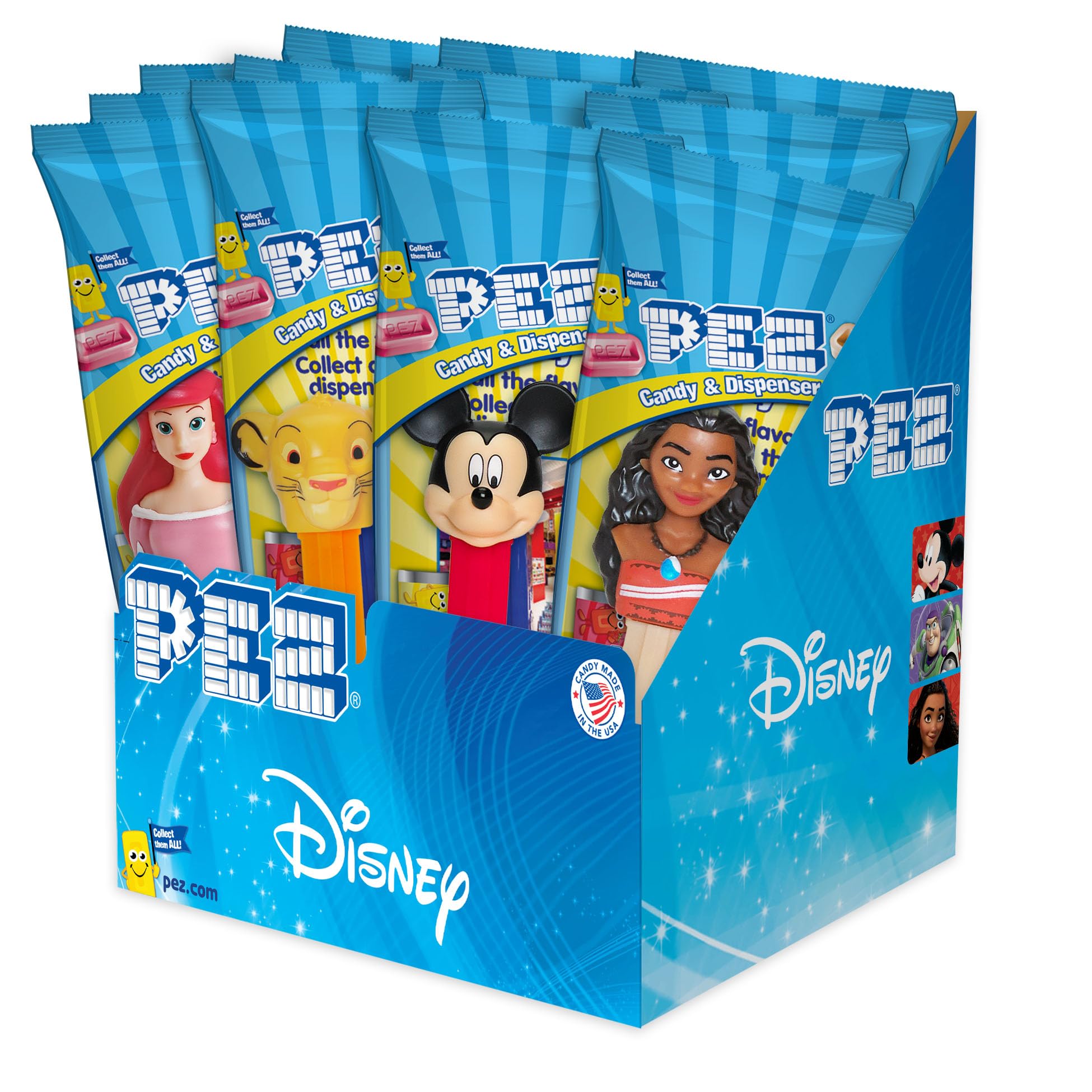 PEZ Disney-Pixar dispensers front view showing collectible character designs for party favors.