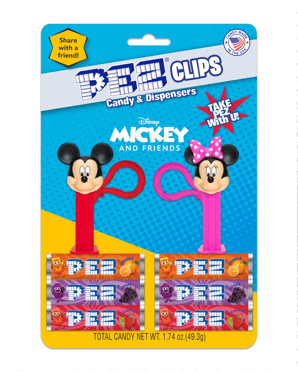 PEZ Mickey & Minnie clips keychain shows two mini dispensers for portable fun.