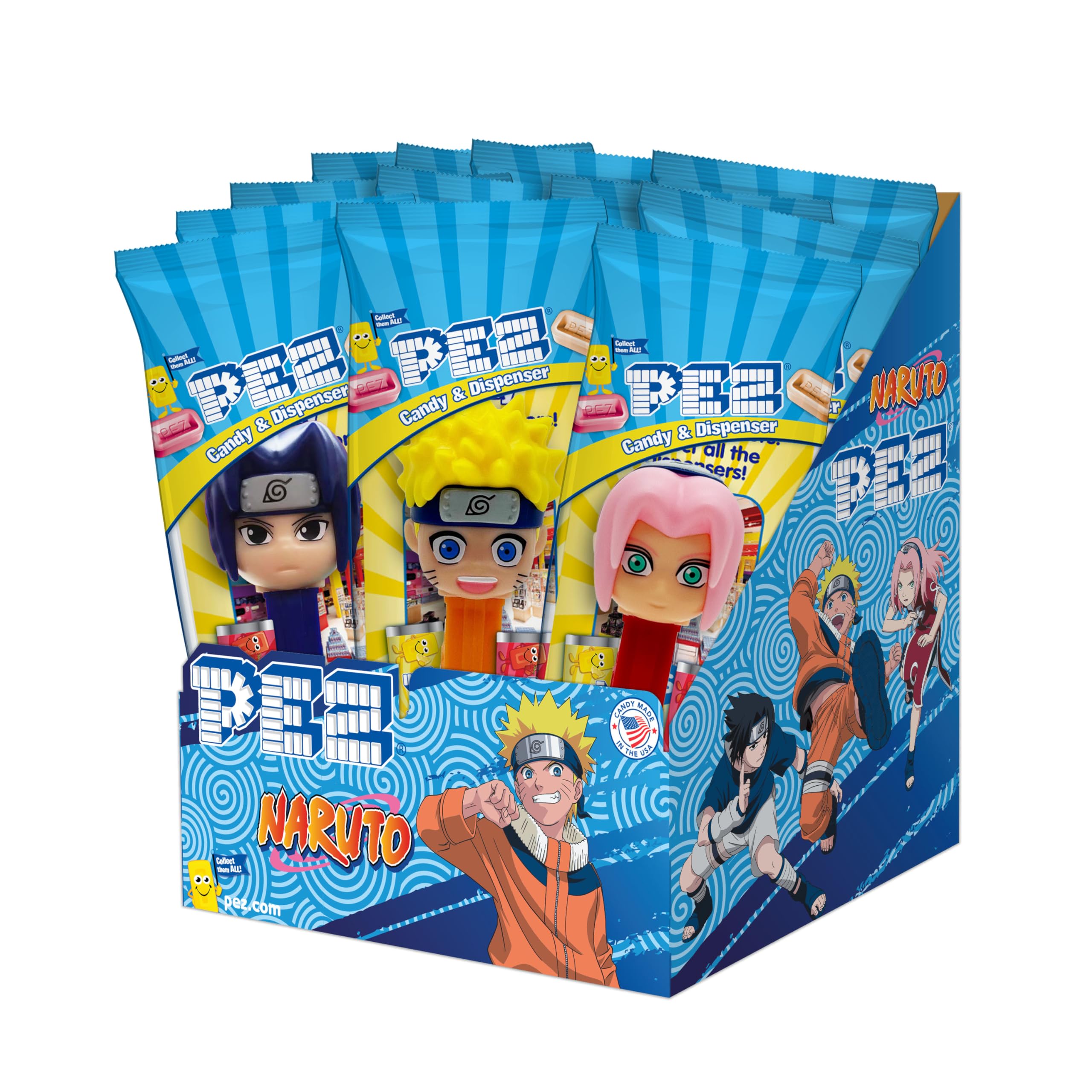 PEZ Naruto party pack dispenser with two candy refills for quick snack moments.