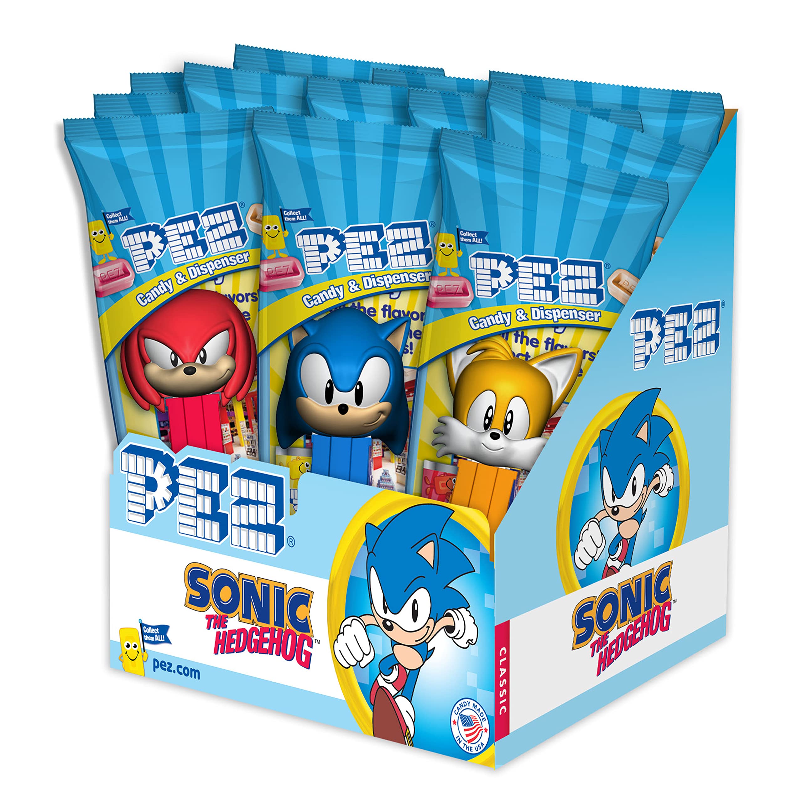 PEZ Sonic the Hedgehog dispensers with candy refills, great for party favors or classroom treats.