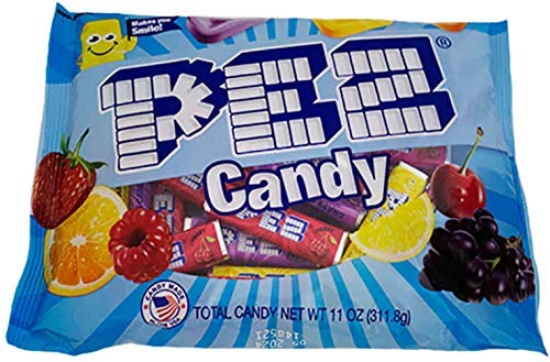 Retail display of PEZ candy refill rolls in a store.