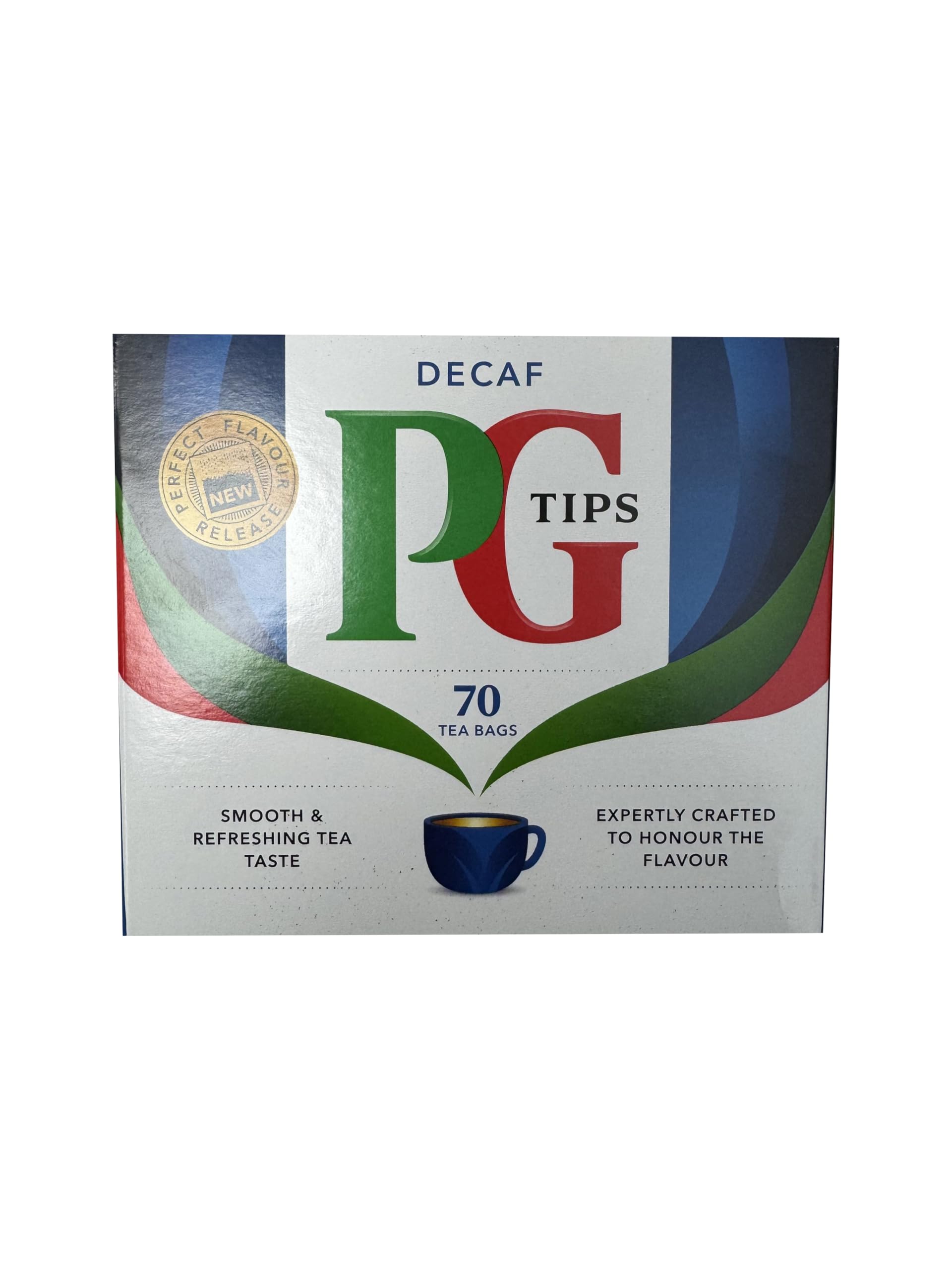 PG Tips Decaf 70-count tea bags box for convenient caffeine-free brewing.