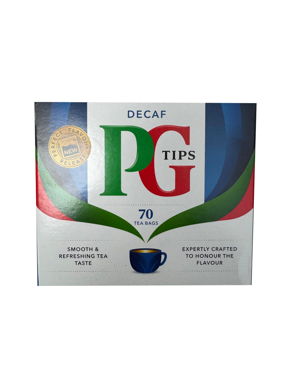 PG Tips Decaf 70-count tea bags box for convenient caffeine-free brewing.