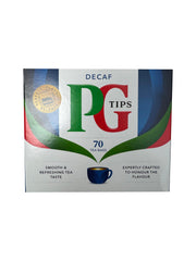 PG Tips Decaf 70-count tea bags box for convenient caffeine-free brewing.