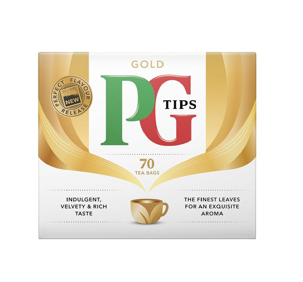 Close-up of PG Tips Gold tea bags showing the non-pyramid design.