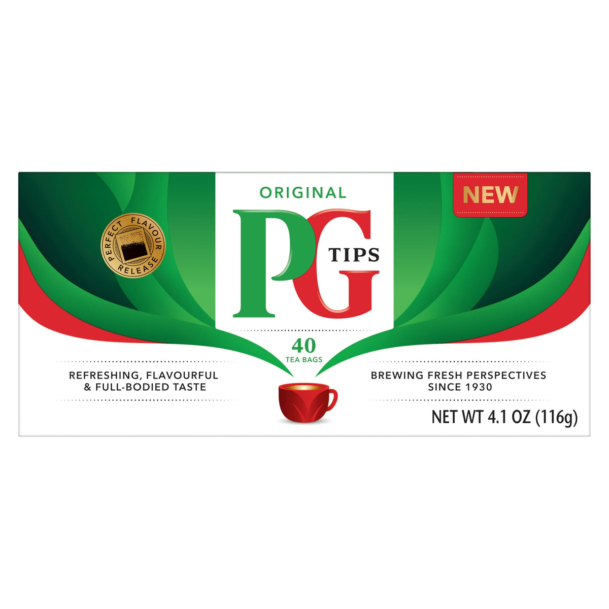 PG Tips Original Black Tea box with tea bags in recyclable packaging for eco-conscious shoppers.