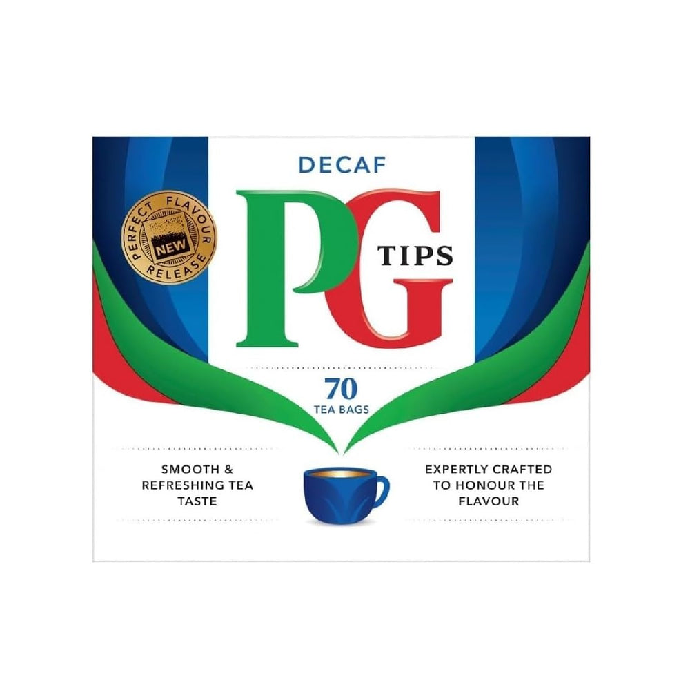 PG Tips Tasty Decaf box open reveals 70 tea bags for daily use.