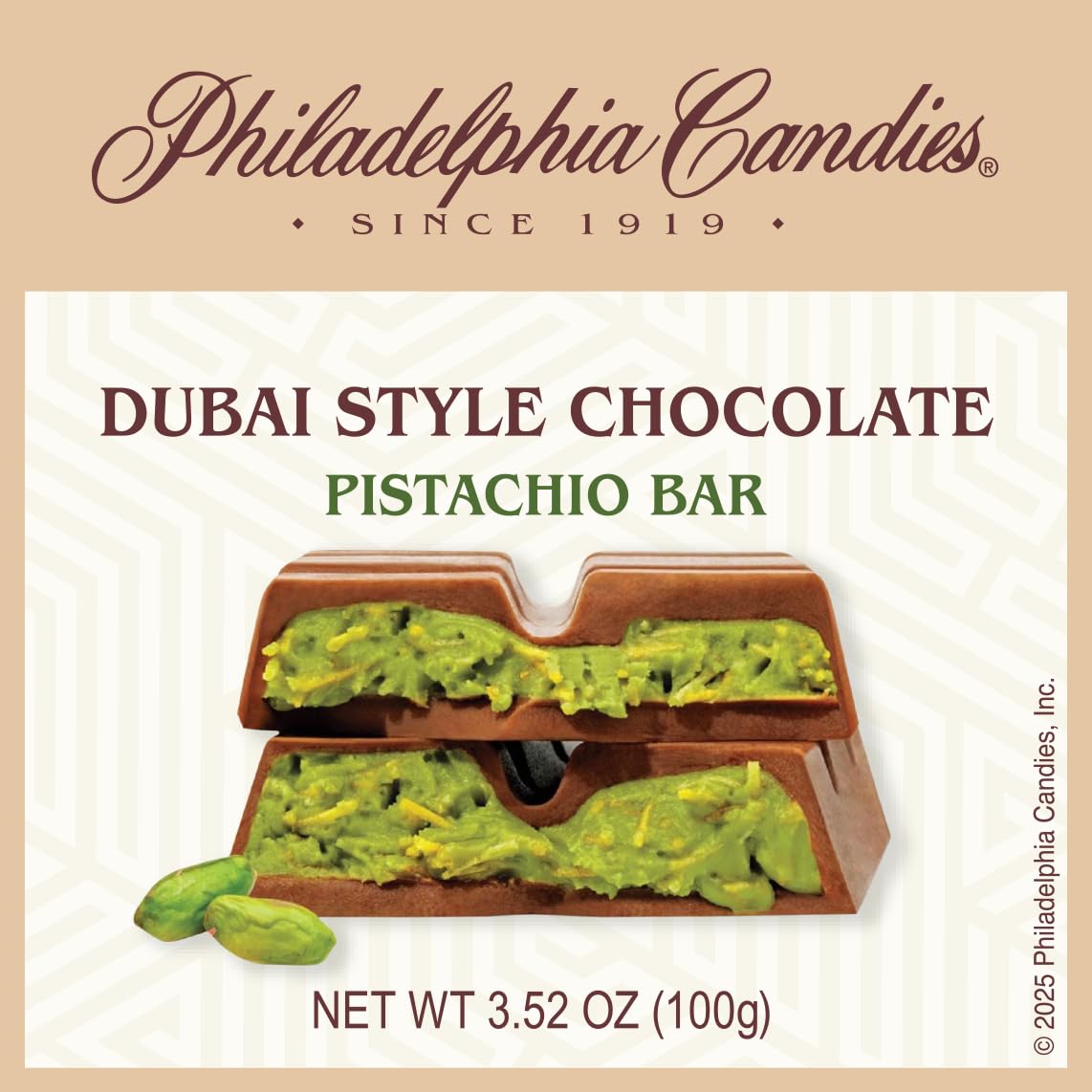 Philadelphia Candies Dubai Style bar with pistachio cream close-up showing creamy filling