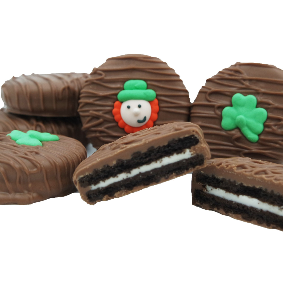Philadelphia Candies milk chocolate sandwich cookie with Leprechaun decoration for St Patrick's Day gift
