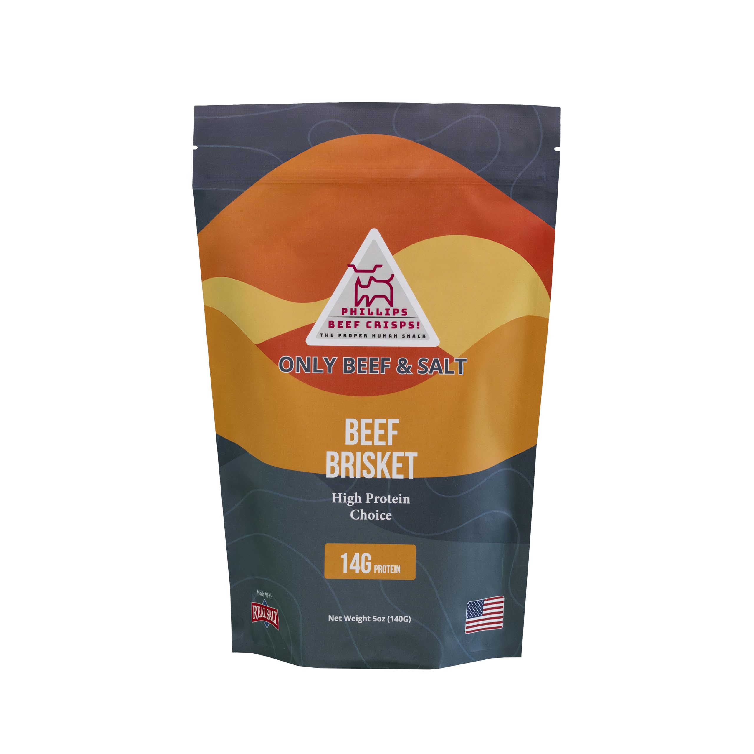 Phillips Beef Crisps fatty brisket packaging, ideal for on-the-go protein.