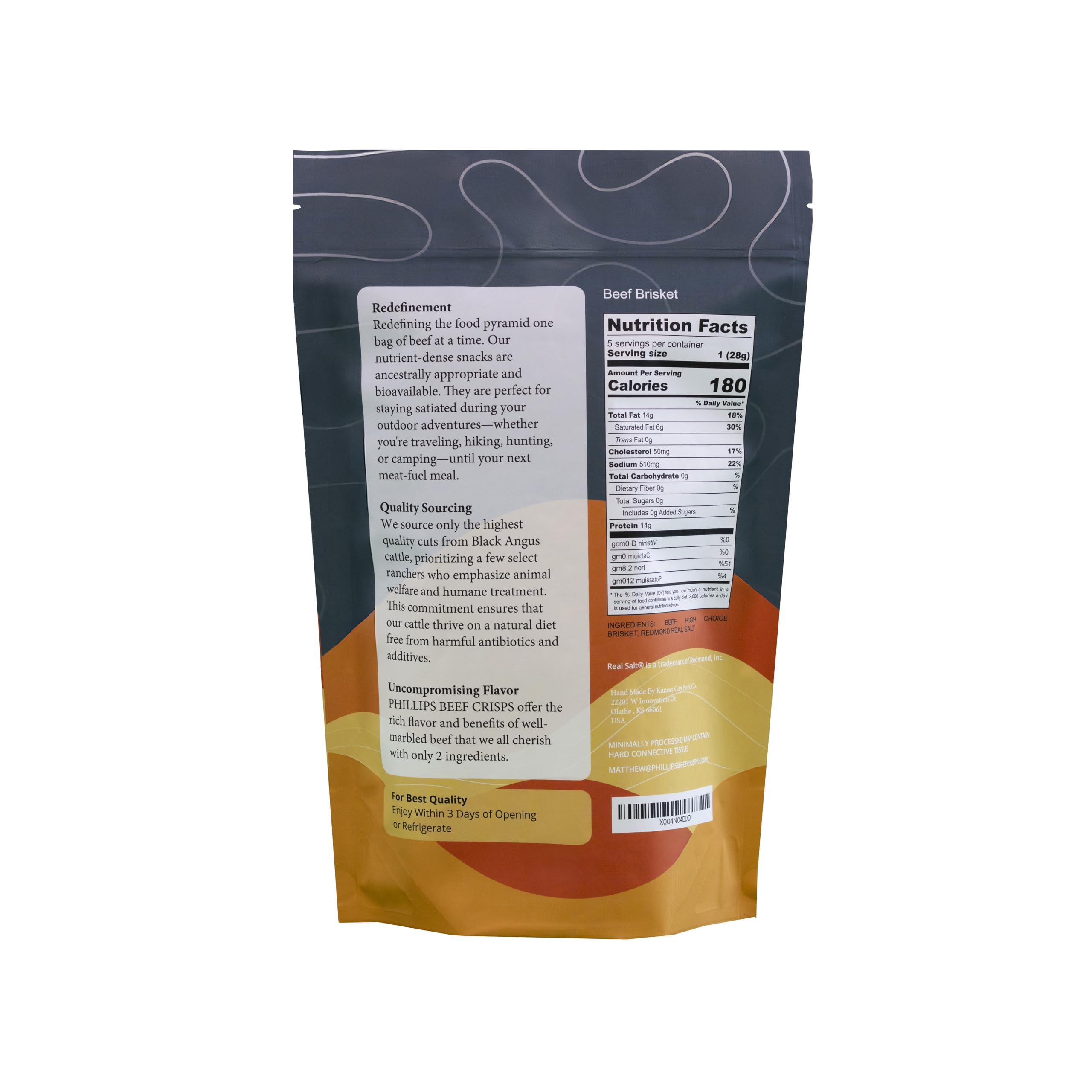 Ingredients show beef and sea salt in Phillips Beef Crisps.