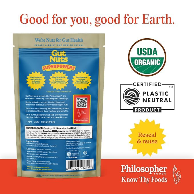 Philosopher Foods Gut Nuts prebiotic and postbiotic benefits for gut-friendly snack