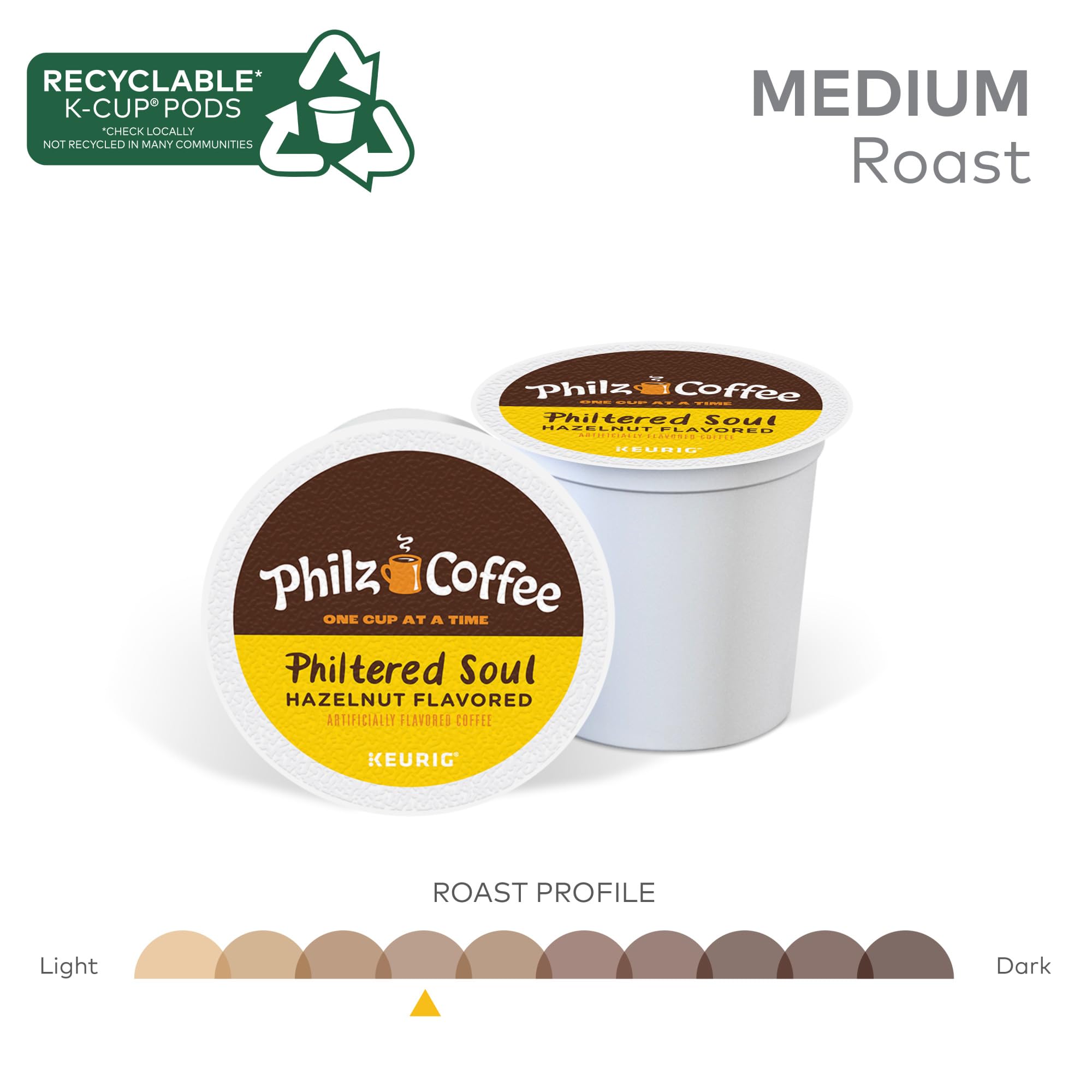 Close-up of Philz Philtered Soul K-Cup pod showing Keurig compatibility.