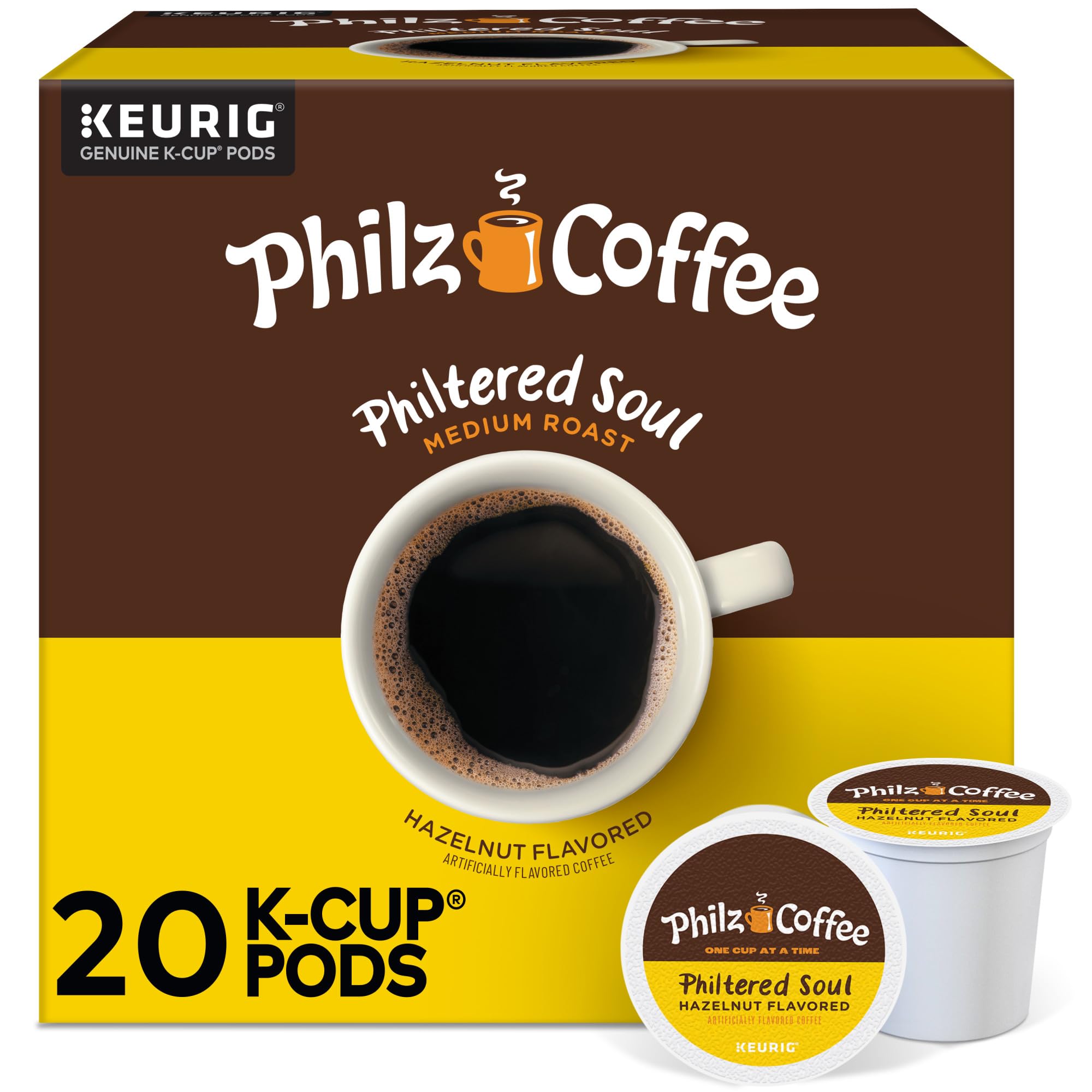 Philz Philtered Soul K-Cup pod packaging ready for Keurig machines, hazelnut aroma.