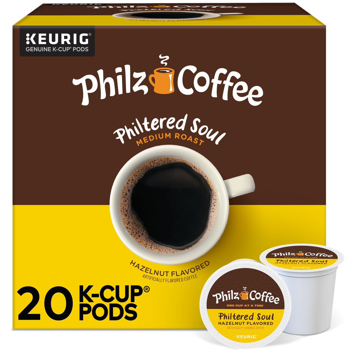 Philz Philtered Soul K-Cup pod packaging ready for Keurig machines, hazelnut aroma.