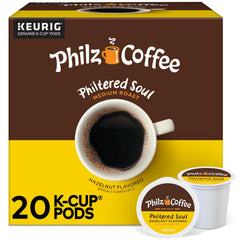 Philz Philtered Soul K-Cup pod packaging ready for Keurig machines, hazelnut aroma.