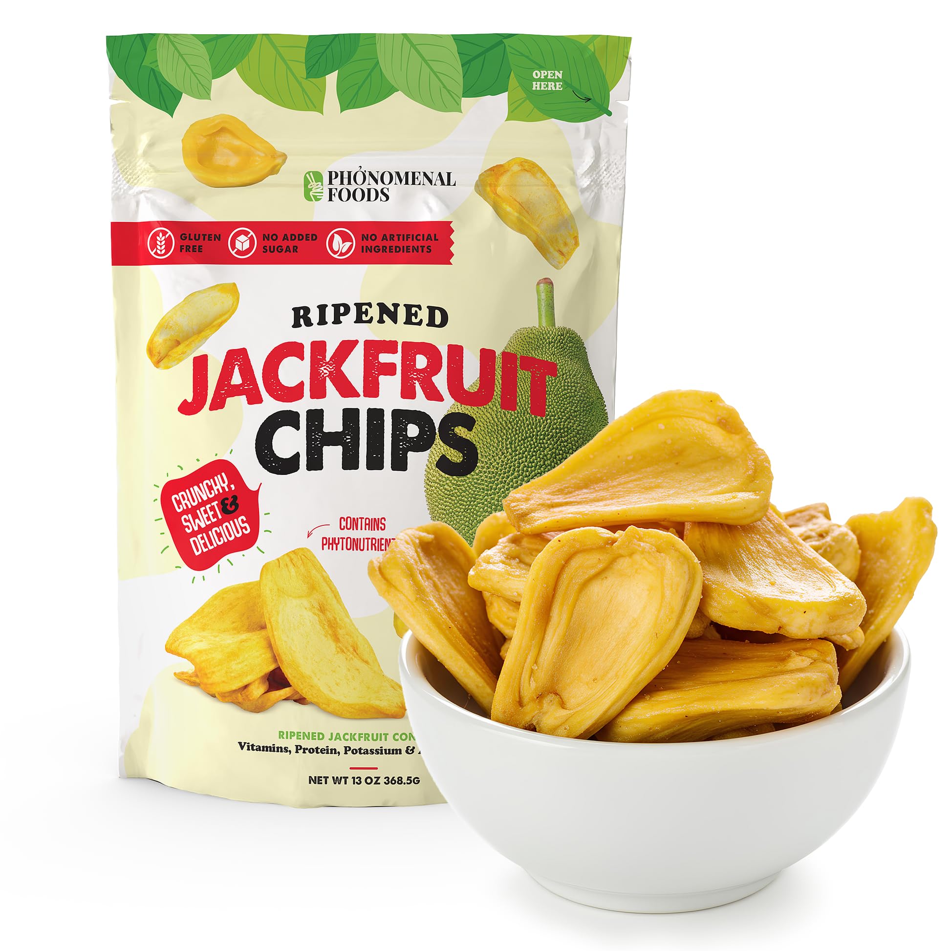 Pho'nomenal Ripened Jackfruit Chips bag showing crispy texture and no sugar added.
