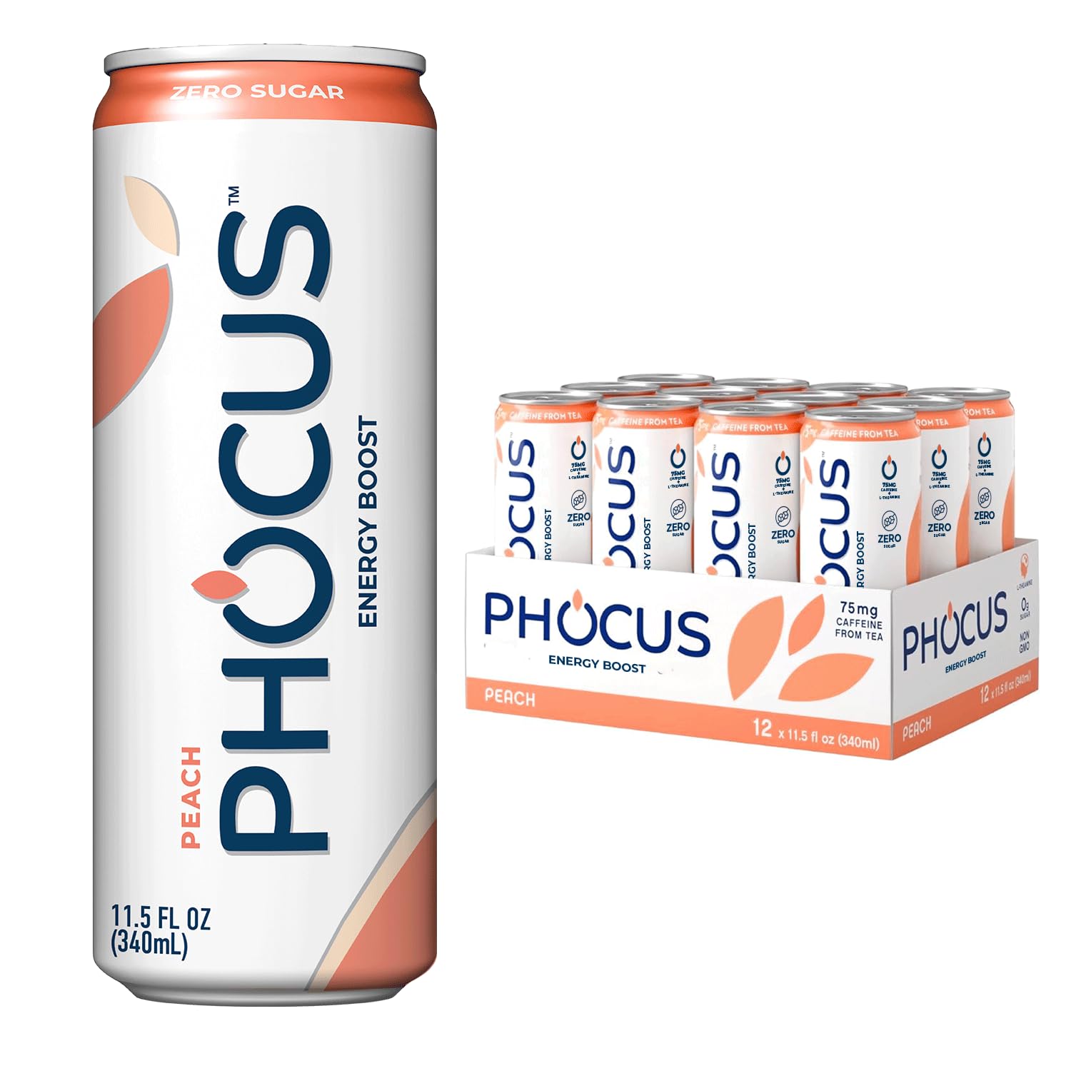 Phocus Peach sparkling water can with crisp flavor and caffeine boost.