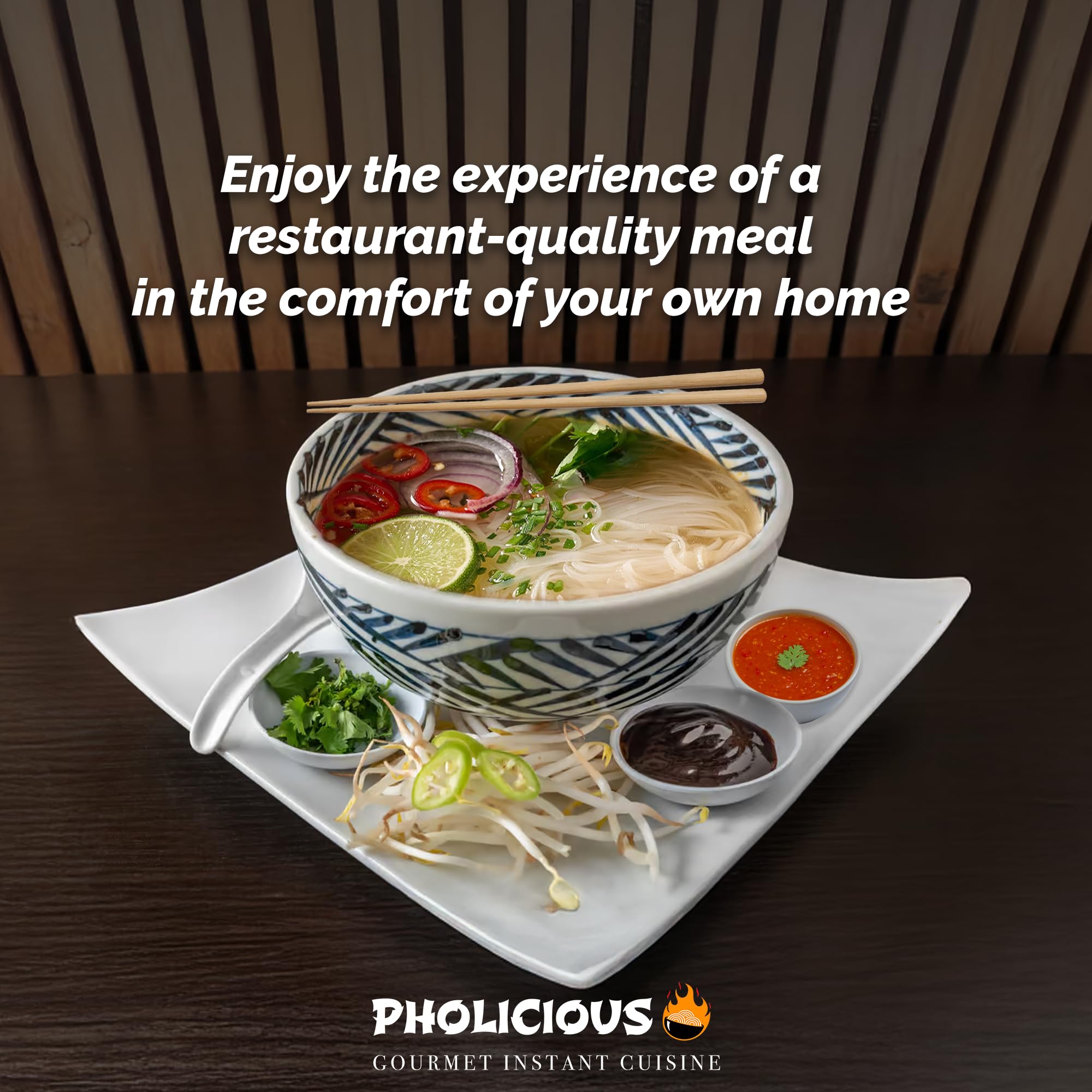 PhoLicious beef pho bowl close-up showing hearty broth.