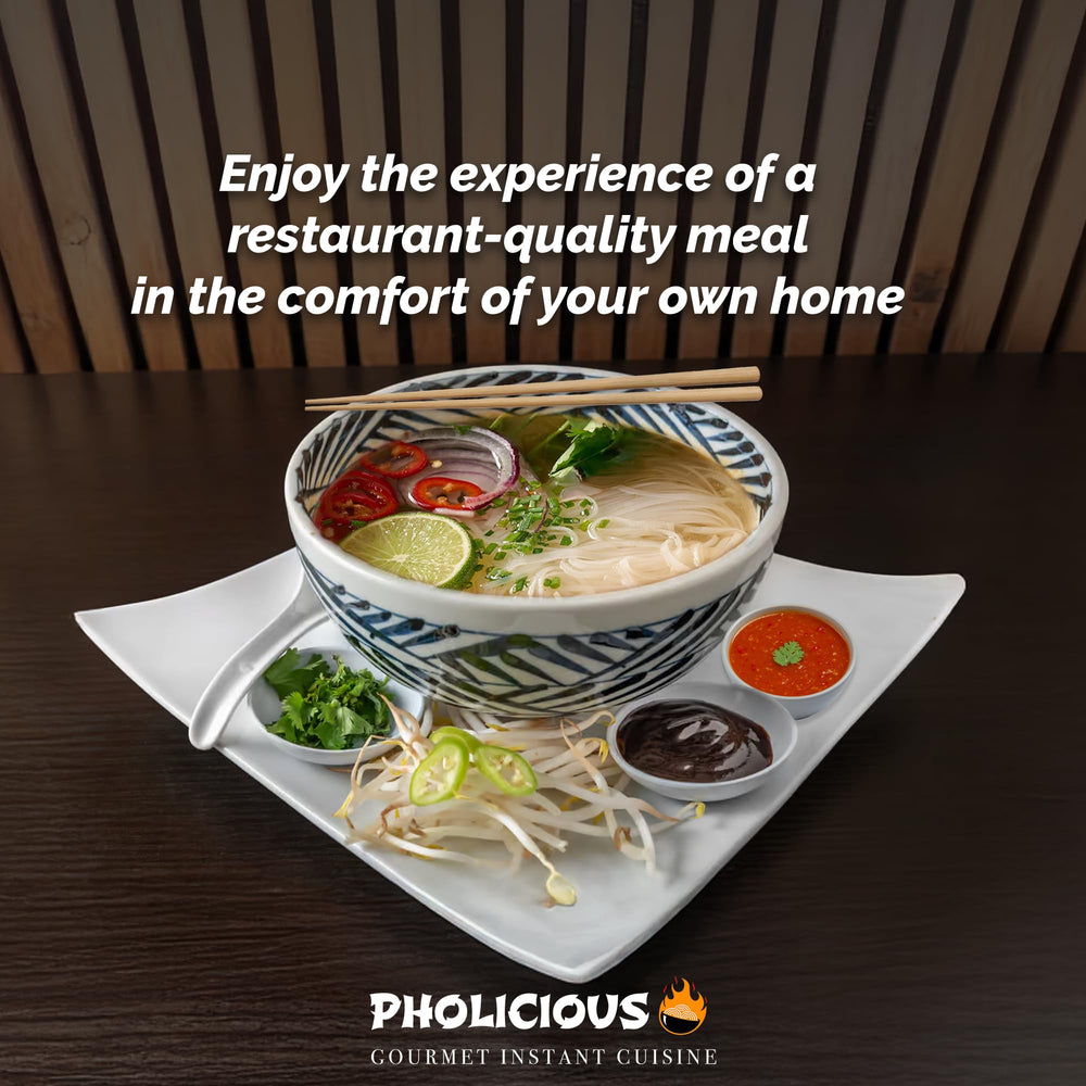 PhoLicious beef pho bowl close-up showing hearty broth.