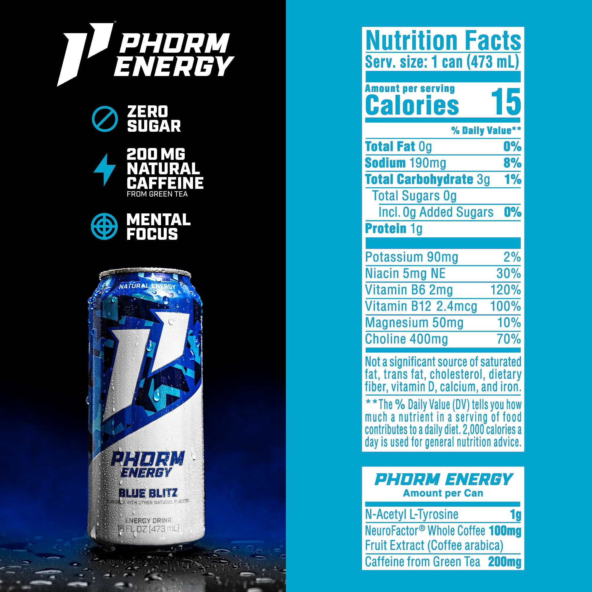 PHORM ENERGY Blue Blitz being poured over ice for a refreshing energy lift