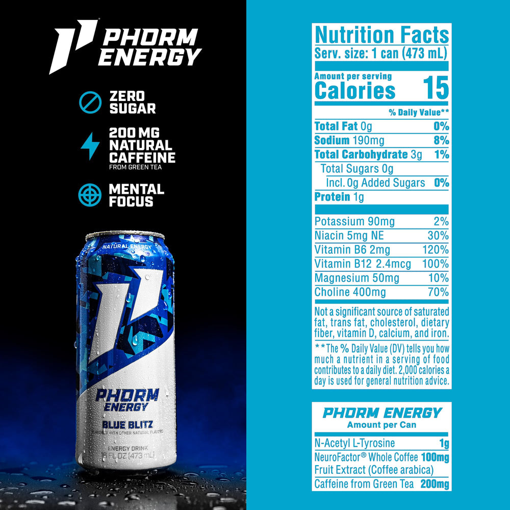 PHORM ENERGY Blue Blitz being poured over ice for a refreshing energy lift