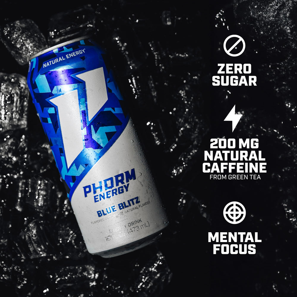 Glass with ice and PHORM ENERGY Blue Blitz for easy on-the-go refreshment