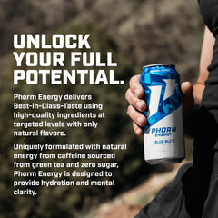 Front label of PHORM ENERGY Blue Blitz shows Blue Raspberry flavor