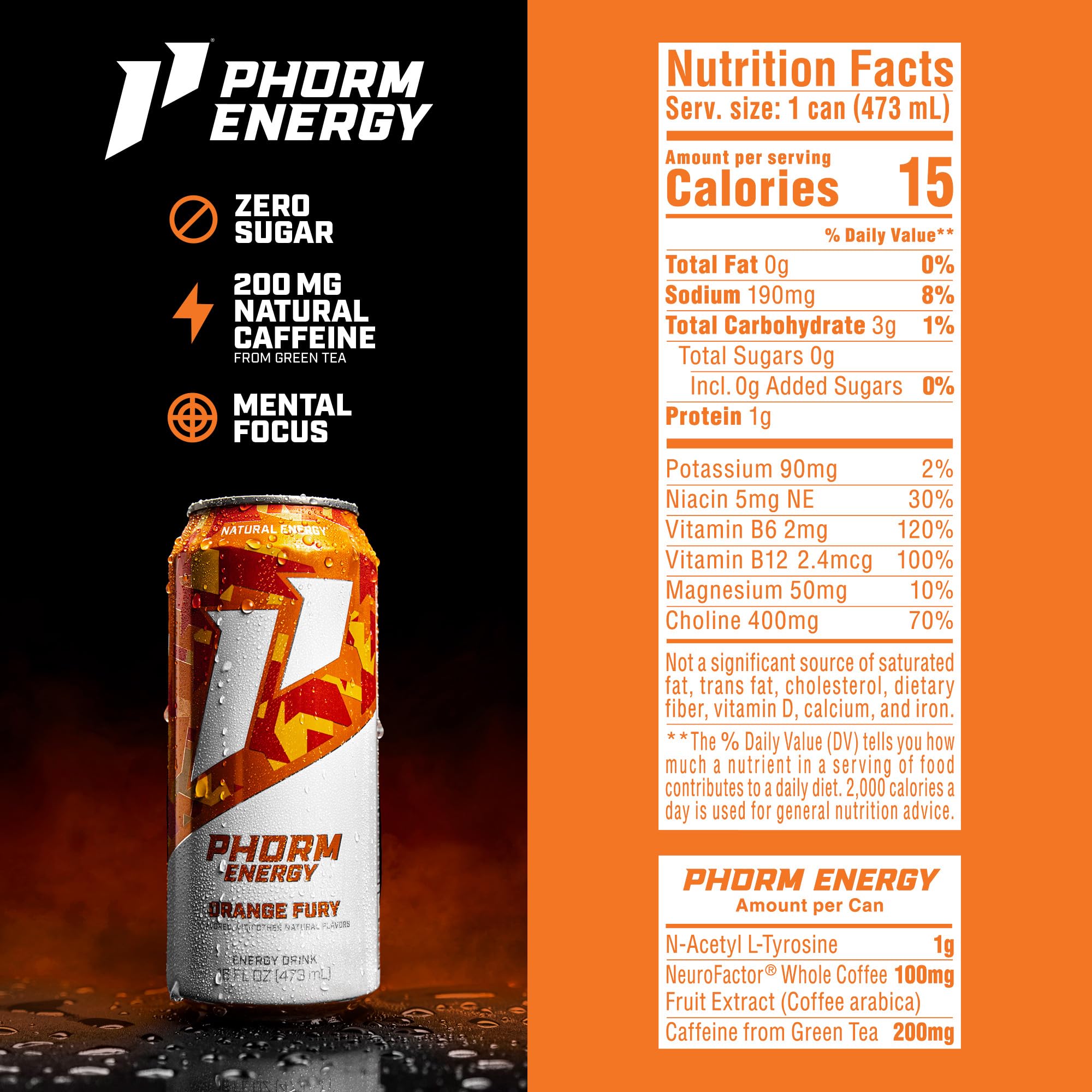 PHORM ENERGY Orange Fury can side view emphasizing refreshing citrus flavor