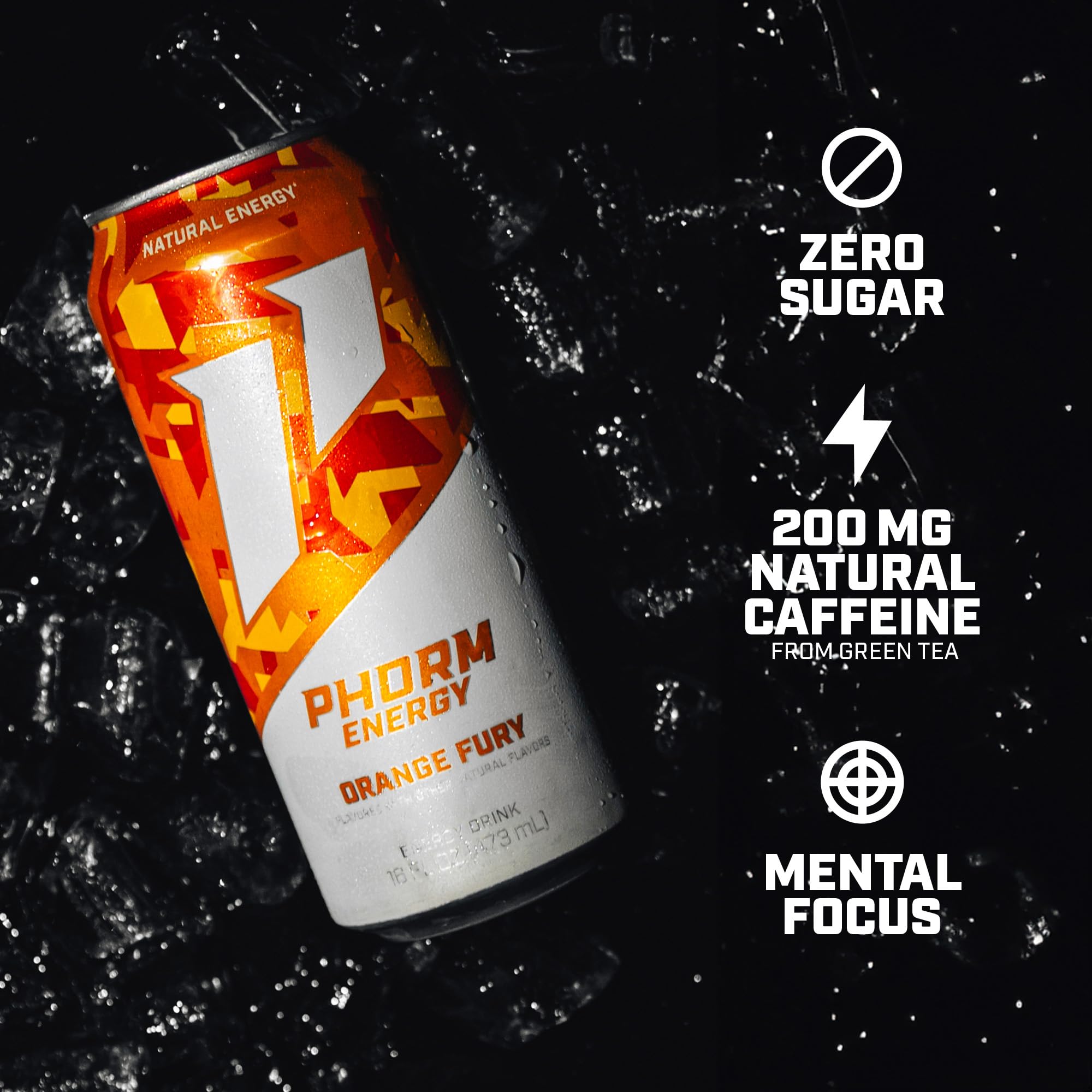 PHORM ENERGY Orange Fury label close-up shows natural caffeine origin