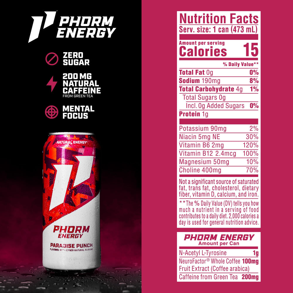 Phorm Energy Paradise Punch can side panel detailing electrolytes and vegan formula
