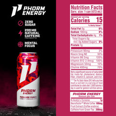Phorm Energy Paradise Punch can side panel detailing electrolytes and vegan formula
