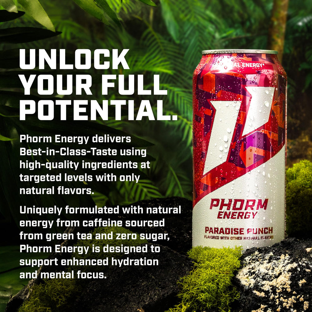 Phorm Energy Paradise Punch being poured into a glass showing tropical color