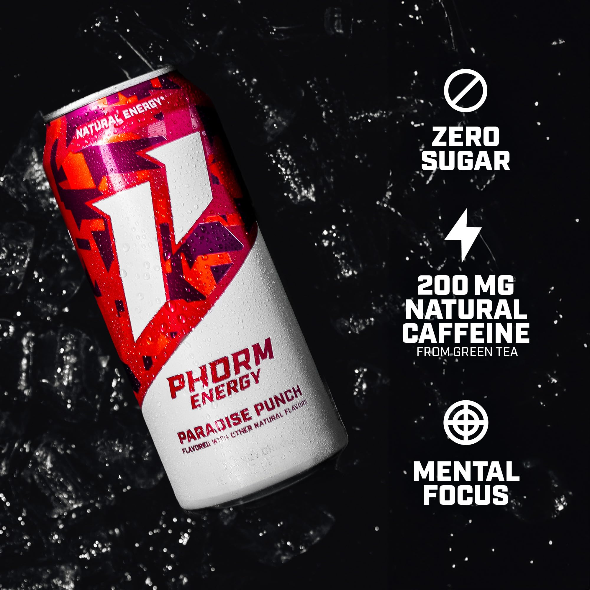 Close-up of Phorm Energy Paradise Punch label showing vegan and gluten-free features