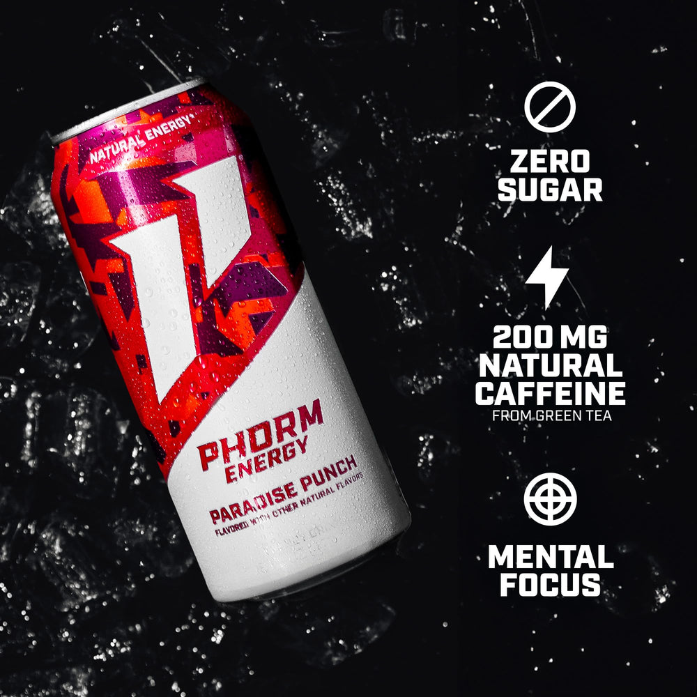 Close-up of Phorm Energy Paradise Punch label showing vegan and gluten-free features